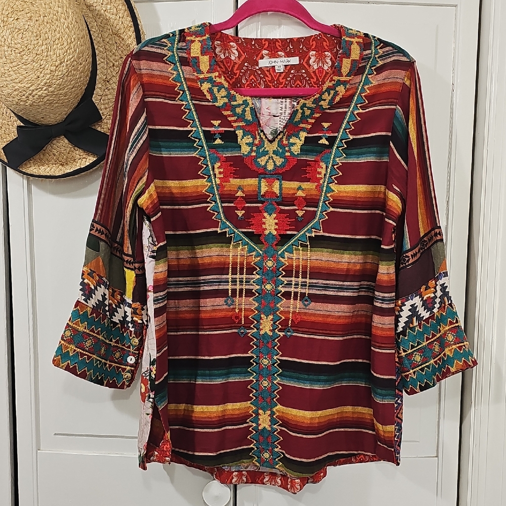 John Mark Striped Embroidered V-Neck Tunic - Burgundy, Teal, Mustard